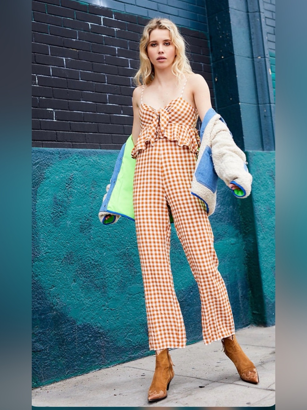 Saylor x Anthropologie Laken Gingham Ruffle Jumpsuit Apricot White Small - Picture 13 of 13